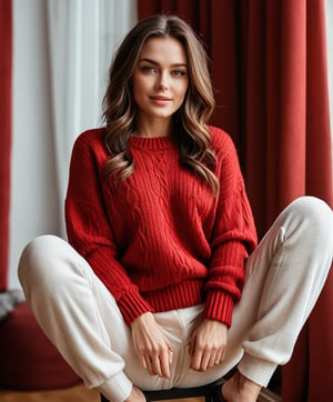 Generate hyper-realistic, hyper detailed image of a beautiful female in red color sweater and pants, posing from her home, slutty looks, natural evening lights

