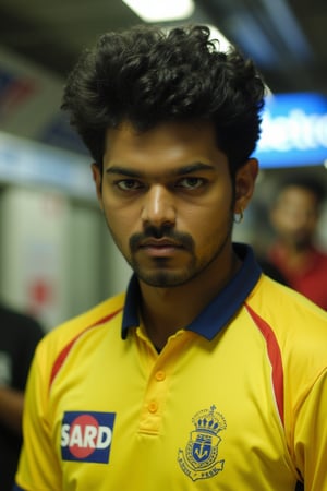 Hyperrealistic photorealistic portrait of a young Vijay with longer, textured, wavy hair and an anchor-style trimmed goatee. He has a small, healed scar near his eyes and cheeks, and an earring on his left ear. Wearing a yellow CSK cricket jersey, he stands menacingly at the Chennai Metro Station, looking directly at the camera with a fierce expression. The scene is well-lit, capturing the details of his face and the vibrant colors of the jersey.