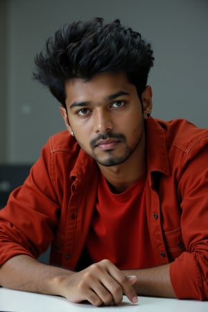 Create a hyperrealistic portrait of young vijay with an oval-shaped face and warm light brown skin tone. His hairstyle is a messy, medium-length very spikey,textured quiff with black, thick hair. The hair on top is styled to spike slightly upward and outward, giving a controlled messy look, while the sides are moderately short and blend into the top without being fully faded. vijay has expressive, dark brown eyes with slightly thick, straight eyebrows that have a gentle arch, giving his gaze a strong yet soft intensity. One eyebrow has a stylish cut. His nose is straight with a rounded tip, fitting proportionally with the rest of his facial features. He wears on his left ear a subtle black earring.
His lips are medium-sized, with the upper lip being slightly thinner than the lower one. He sports a short trimmed, well-maintained stubble anchor goatee, focused around the jawline, chin, and upper lip, forming a neat goatee style. The facial hair is denser around the chin area, emphasizing his rounded yet prominent jawline. The sides of his face are clean shaved with no facial hair. His skin is very clean, no imperfections. He is wearing a casual red jacket layered over a red t-shirt, adding to his relaxed yet stylish appearance. The background is neutral, with a simple grey texture with abit cold lighting. Sitting in a interrogation room at a white table. The man is slightly tilting his head, giving a calm yet confident menacing expression, with his body slightly leaned forward.