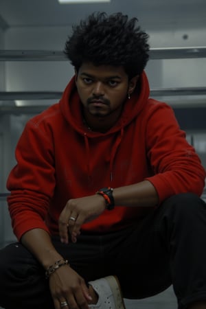 young Vijay with no facial hair. He has medium-long, dense, messy textured, very spiky hair styled modern mullet and swept to the left side. He is wearing a red oversized hoodie, black cargo pants, and white sneakers, wears on his left ear a black earringextremely detailed face.  sitting in a interrogation room and menacing looking
