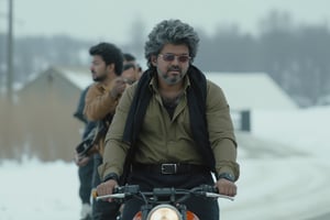 Generate a hyperrealistic, photorealistic full-body image of an a bit old Vijay riding a bike on the roads of Russia, escaping from a gang. He has medium-long, wavy hair styled into a quiff and swept to the left side, with salt-and-pepper coloring. His beard is also salt-and-pepper, full and well-groomed. He wears typical rectangular uncle glasses, giving him a distinguished look. Despite his age, he remains slim and fit, with no tummy, and his face still looks young. He is dressed in a brownish-green shirt (hex color #6B8E23), tucked in, black pants, and brown shoes, layered with a black or grey coat jacket.

On the bike, sitting behind the older Vijay, is a younger Vijay in his 20s. He has medium-long, textured, very spiky hair styled into a quiff and swept to the left side. He has a clean-shaved face and an earring in his left ear. He is wearing a brownish hoodie, black cargo pants, and white Air Force shoes. The younger Vijay is looking behind, holding a gun and aiming, adding to the intensity of the escape. The scene is set on the roads of Russia, with cold, grey weather and a bit of wind, but no snow. The image should capture the dynamic and urgent nature of the chase, with both Vijays displaying determination and focus.