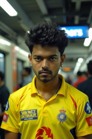 Hyperrealistic, photoreal half-body shot of a young Vijay with slightly longer, spiked, textured, wavy hair. He has a visible healed scar on his cheek near the eye and an anchor-style goatee trimmed to 3mm for a sharp, defined look. Wearing a subtle earring in his left ear and a bright yellow CSK cricket jersey, he stands at a semi-crowded Chennai metro station with a train visible on the left side. Vijay stares menacingly into the camera, capturing a tense and powerful moment. The scene is well-lit, highlighting his facial features and the vibrant jersey.