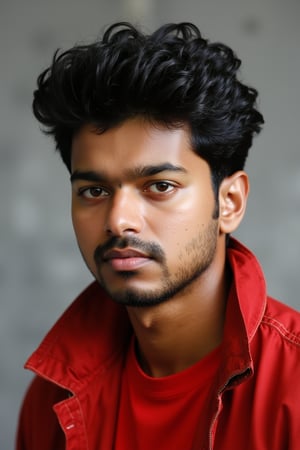 Create a hyperrealistic portrait of young vijay with an oval-shaped face and warm light brown skin tone. His hairstyle is a messy, medium-length textured quiff with black, thick hair. The hair on top is styled to spike slightly upward and outward, giving a controlled messy look, while the sides are moderately short and blend into the top without being fully faded. vijay has expressive, dark brown eyes with slightly thick, straight eyebrows that have a gentle arch, giving his gaze a strong yet soft intensity. His nose is straight with a rounded tip, fitting proportionally with the rest of his facial features.
His lips are medium-sized, with the upper lip being slightly thinner than the lower one. He sports a short, well-maintained stubble beard, focused around the jawline, chin, and upper lip, forming a neat goatee style. The facial hair is denser around the chin area, emphasizing his rounded yet prominent jawline. He is wearing a casual red jacket layered over a red t-shirt, adding to his relaxed yet stylish appearance. The background is neutral, with a simple grey texture. The man is slightly tilting his head, giving a calm yet confident expression, with his body slightly leaned forward.