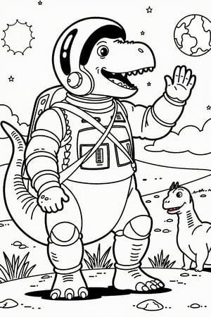 Dinosaur Astronaut
- A brachiosaurus dinosaur dressed as an astronaut, (((A rocket ship in the background and bright stars in the sky)), ((Dinosaurs watching from Earth)), ((A distant planet visible)). He is waving to his friends, ready for a space adventure.
black outlines only
Ghibli,coloring book,coloring page,coloring image,line art