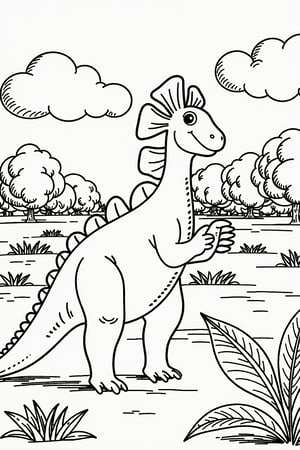 Scene: (((A field with large leaves drawn in rounded shapes and some small trees in the background, with a bright sun in the sky))).
Dinosaur: (((A Parasaurolophus with a smile on its face, gently tapping giant leaves as if it were playing music))), ((Its elongated crest gives the impression that it is listening intently to the sound it makes))).
black outlines only
Ghibli,coloring book,coloring page,coloring image,line art