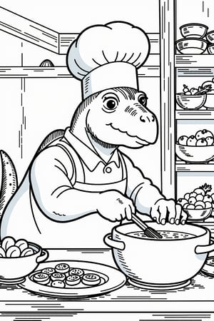 Dinosaur Chef
- A Triceratops dinosaur wearing a chef's hat, (((A prehistoric kitchen full of vegetables and fruits)), ((Other dinosaurs sitting at the table waiting for their meal)), ((A stone stove with bubbling soup)). He is stirring a pot enthusiastically.
black outlines only
Ghibli,coloring book,coloring page,coloring image,line art