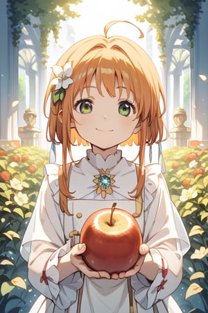 score_9,score_8_up,score_7_up,source_anime,1girl,sakura,green eyes,Smiling while holding an apple,marche,masterpiece,bestquality,highresolution,8k