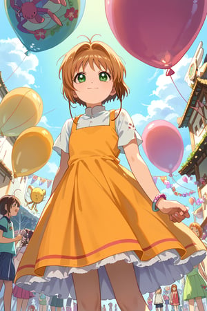 Prompt: score_9, score_8_up, score_7_up, score_6_up, score_5_up, score_4_up,source_anime,1girl,Kinomoto_Sakura, sakura,preteen,down age,short hair,perfect face,balloon festival,spider flower,secret moment,smile,jade eyes,casual dress,pinup,looking up,from below,masterpiece,best_quality,high_resolution,8k,ultra-detailed, very_aesthetic,perfect composition,intricate details,