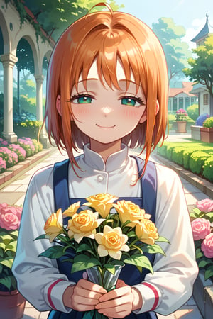 score_9,score_8_up,score_7_up,source_anime,1girl,sakura,pretty preteen girl,sniny skin,8k, high resolution, masterpiece, bestquality,half closed eyes smile,bouquet of portulaca,garden,daytime,upper body,blush,