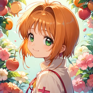 score_9,score_8_up,score_7_up,source_anime,Kinomoto_Sakura, sakura,sakura,preteen girl.perfect face,upper body,coleus, apricot,smile.masterpiece,bestquality,high resolution,8k,side shot,looking viewer