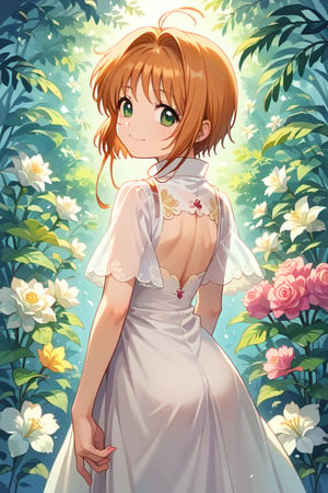 score_9,score_8_up,score_7_up,source_anime,Kinomoto_Sakura, sakura,sakura,preteen girl.perfect face,white lace flower
,gratitude,smiling at viewer,looking back at viewer,green eyes,masterpiece,best_quality,high_resolution,8k,ultra-detailed, very_aesthetic,pinup,cowboy shot,