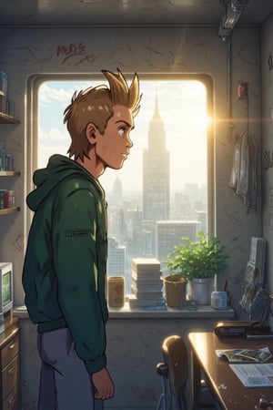 Xsiestx,solo, a man, blue and green eyes, blonde hair,  in abandoned room , green jacket, graffitis, dirty room, post-apocalyptic world,  ultradetailed illustration, very  detailed,the light of sun traspase the windows, agonic vision efect
