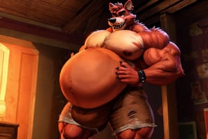 Male Muscular Foxy, wearing ripped brown shorts) (((big pecs))), (big cock and balls bulge inside ripped brown shorts) (fnaf) (big vore belly)