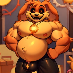 Male Muscular dogday, wearing tight black shorts) (((big pecs))), (tight black shorts) ((poppy playtime)) (((big cock and balls bulge))) ((orange fur, sun charm pendant, black sclera, smile,redish orange floppy ears, cute face, open mouth, sinister smile)), ((ginat inflated belly))