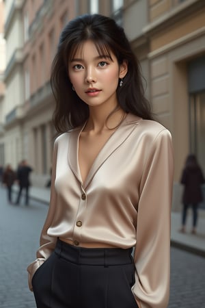 (ultra realistic,32k, masterpiece:1.2),(high detailed skin:1.1),( high quality:1.1), (masterpiece, best quality),Best quality,A 20-year-old elegant and sophisticated city woman is wearing a luxury silk blouse and high-waisted pants. beauy_ks01. The pastel-toned blouse features metallic details, and the pants fall neatly just above the ankles. She pairs black stiletto heels with a designer mini bag, accessorized with diamond earrings of chanel logo and a slim gold watch. Her look is completed with natural wavy hair and neutral-toned makeup, exuding refined city style. kristen_stewart, full body,(face close-up:1.4), (looking at viewer, upper body) ((dystopic )) ((lleg open)) ((standing)) ((combat ready)) ((rainy playground)) ((sittting)) (( serafuku)) ,jisosmile,ct-identity