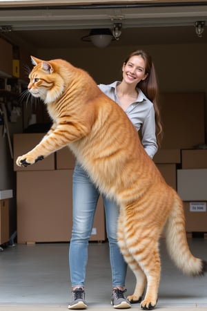 A photo of an extremely large orange cat being held by its owner. The woman is smiling and holding the cat up to show how big it really is. The massive, fluffy Maine Coon has white paws and feet with black claws. They are both in front of moving boxes inside their garage. It is daytime