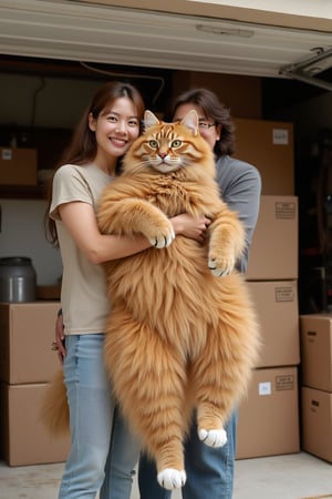 A photo of an extremely large orange cat being held by its owner. The woman is smiling and holding the cat up to show how big it really is. The massive, fluffy Maine Coon has white paws and feet with black claws. They are both in front of moving boxes inside their garage. It is daytime