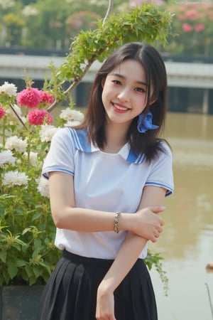 [01]Realistic photograph, Portrait of a high school girl with shoulder-length hair, tied with a blue bow, wearing a traditional Thai school uniform, a white short-sleeved shirt and a black skirt, standing by the water. She looks at the camera, has a charming, captivating smile, her arms are crossed and she seems to be enjoying the moment. The background is covered in flowers, suggesting that it may be a park or recreational area near the river.