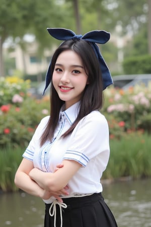 [01]Realistic photograph, Portrait of a high school girl with shoulder-length hair, tied with a blue bow, wearing a traditional Thai school uniform, a white short-sleeved shirt and a black skirt, standing by the water. She looks at the camera, has a charming, captivating smile, her arms are crossed and she seems to be enjoying the moment. The background is covered in flowers, suggesting that it may be a park or recreational area near the river.