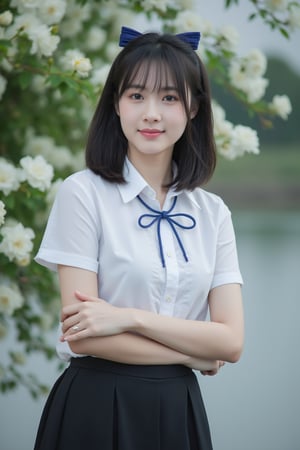 [01]Realistic photograph, Portrait of a high school girl with shoulder-length hair, tied with a blue bow, wearing a traditional Thai school uniform, a white short-sleeved shirt and a black skirt, standing by the water. She looks at the camera, has a charming, captivating smile, her arms are crossed and she seems to be enjoying the moment. The background is covered in flowers, suggesting that it may be a park or recreational area near the river.