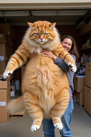 A photo of an extremely large orange cat being held by its owner. The woman is smiling and holding the cat up to show how big it really is. The massive, fluffy Maine Coon has white paws and feet with black claws. They are both in front of moving boxes inside their garage. It is daytime