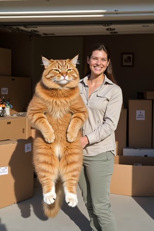 A photo of an extremely large orange cat being held by its owner. The woman is smiling and holding the cat up to show how big it really is. The massive, fluffy Maine Coon has white paws and feet with black claws. They are both in front of moving boxes inside their garage. It is daytime