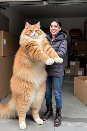 A photo of an extremely large orange cat being held by its owner. The Japanese woman is smiling and holding the cat up to show how big it really is. The massive, fluffy Maine Coon has white paws and feet with black claws. They are both in front of moving boxes inside their garage. It is daytime