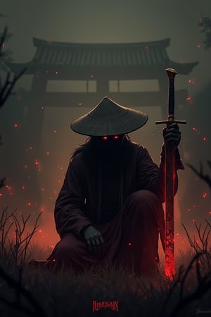 A captivating and enigmatic digital illustration features a shadowy figure, seemingly a warrior or samurai, kneeling amidst a dimly lit, foggy field. The character dons a wide-brimmed straw hat and a mysterious mask, concealing their identity. Their hand grips a magnificent sword with intricate engravings that emit a mesmerizing, fiery red aura. The background reveals a traditional, architectural structure—possibly a temple or shrine—bathed in the soft glow of floating embers or fireflies. The composition by Hans Darias exudes an eerie atmosphere, skillfully blending warm and cool tones to evoke a palpable sense of tension and expectation.