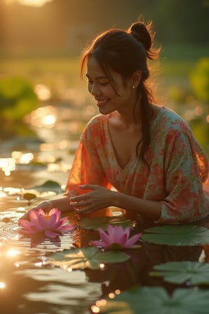 Exquisite realism. Medium shot. A Southeast Asian woman in a traditional Khmer tunic picks lotus flowers in shallow water, smiling. Close-up. Soft, dreamy light. Ripples in the water create a shimmering effect, catching surrounding lights. Golden hour colors with an warm glow, and vibrant, luminous ambiance. High dynamic range, subtle water effects, best quality. 8k resolution, incredibly detailed, masterwork, vivid colors, rich textures, serene atmosphere.