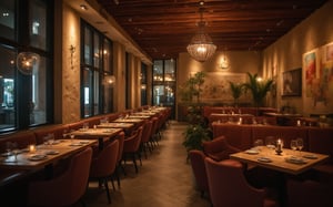 A photo of an elegant restaurant interior, modern decor with stylish furnishings, warm ambient lighting, cozy seating arrangements, and artistic wall art, shot with a Fujifilm X-T4, f/2, 23mm lens.