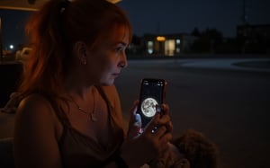 Calm evening setting: a woman in an evening dress sits on the street, looking at a smartphone. She clutches her smartphone in her hands, staring intently at its screen. The smartphone is pointed at the starry sky with the Moon, which is now displayed on the screen. The lighting is soft and golden, casting a warm glow on her features. The frame of the photo emphasizes the golden ratio: the woman's upper body forms an elegant triangle. When you zoom in on your smartphone screen, the image of the Moon becomes crystal clear, every lunar detail is carefully drawn in 16K UHD resolution,swetalana woman,photo