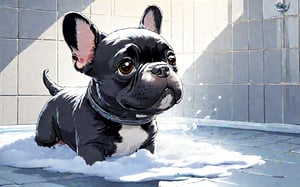 A black French bulldog is taking a shower, there is a lot of white foam on his coat. There are tiled walls around. All this is depicted in the style of the cartoon "Open Space".