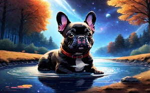 The dog, a black French bulldog, sits in a basin that floats on the river. There is an autumn forest around, and a blue sky with rare clouds overhead. All this is depicted in the style of a cartoon.,outer space