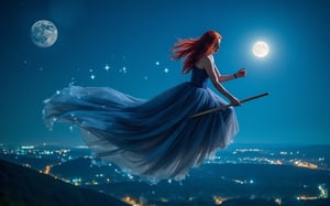 The realistic photograph depicts a beautiful witch flying on a broom over the city at night. Her long red hair flutters in the wind, and her magical dress shimmers in the light of the moon. The long train of the dress smoothly develops behind her, as if connecting with the night sky and turning into a cluster of stars, creating the effect of a magical flow. Stars twinkle around her, enhancing the atmosphere of magic and mystery. Below lies a night city with lights sparkling like stars. The full moon illuminates the scene, giving everything around a soft, mysterious glow. This photo conveys a feeling of freedom and magic, as if a witch went on an adventure at night.