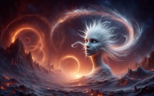 A majestic Snow Queen stands tall amidst a vortex of blazing cosmic embers, her icy gaze piercing through the swirling flames as she surveys her kingdom from within a halo of radiant stardust. The fiery tendrils dance across the darkened space, illuminated by an otherworldly glow that accentuates her ethereal beauty.