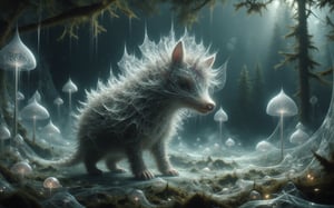 A cute fantasy animal that is a blend of a hedgehog and a little horse, surrounded by mist in a magical forest, with soft, diffused light creating an enchanting and mysterious atmosphere.