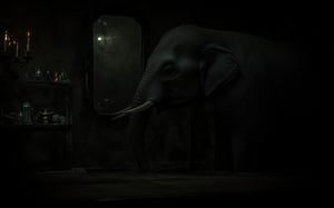 A majestic elephant, whose gray hide and wrinkled pelt resembles aged leather, stands among elegant trinkets and fine china in a traditional shop. The air is thick with the scent of old wood and dust, and the soft flicker of a nearby candelabra casts a warm, golden light onto the intricate designs on the shop's walls. In the background hangs a massive, ornate mirror, its surface cracked and worn from years of use, reflecting the elephant's massive figure with eerie precision. The elephant's trunk, long and curved, reaches out to touch fragile objects on the shelves, as if drawn to the beauty and fragility of the store's treasures. The general mood is one of calm contemplation, a sense of wonder and awe at the unexpected combination of wild and refined