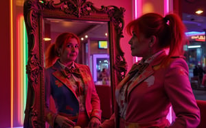 Film poster showing a woman looking at her reflection in a mirror.
Colorful, stylized as a movie poster. The main character is a bright, well-dressed woman with disheveled hair, gazing intently at her reflection in a large ornate mirror. The woman's reflection shows a much younger version of her. In the reflection she is still a girl. She is dressed in a colorful fitted suit with an extravagant bow tie and stands in an elegant modern room. The background features bright neon lighting with rainbow accents, giving the scene a glamorous, lively atmosphere. High contrast, cinematic lighting, pop art style, exaggerated colors, retro movie poster designs,swetalana woman, illustration