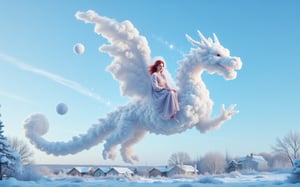 The photo shows a woman with red hair sitting on a cloud in the shape of a majestic dragon that flies in the sky. She is dressed in a light dress that flutters in the wind, giving her an ephemeral and airy appearance. The dragon cloud looks fluffy and light, its snow-white details contrast with the bright blue sky, creating an impression of magic.

A sparkling snowball falls from the cloud and sparkles in the sun, adding sparkle and magic to this winter scene. Below, on the ground, a light snow cover is visible, which lightly dusted the landscape, giving it a winter atmosphere. The trees and roofs of houses in the background are also covered with the first snow, creating an idyllic picture of a winter morning.

The photo is taken in high resolution, which allows you to see every detail - from the texture of the cloud and the woman’s dress to the shine of snowflakes, creating a feeling of fairy tale and magic. 

This image can be created using digital art or 3D graphics and it will look amazing!,swetalana woman