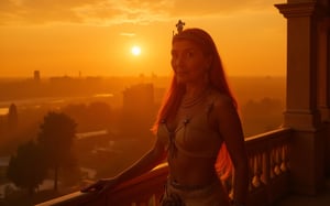 A majestic Egyptian queen stands poised on a ornate balcony, her regal presence commanding attention. Soft golden light of sunset casts a warm glow on her statuesque figure, her piercing gaze drifting wistfully into the horizon as she contemplates the mysteries beyond the Nile's banks.