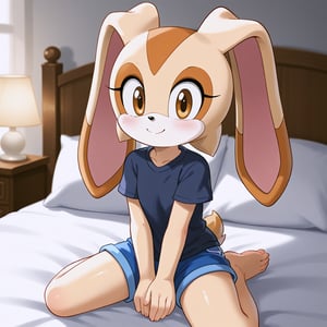 A radiant Cream The Rabbit sits on a bed in a bedroom, wearing a little shirt and shorts, with a smiling face. The scene is framed in a mid-shot with soft, natural lighting, highlighting her cute body.