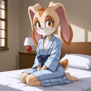 A radiant Cream The Rabbit sits on a bed in a bedroom, wearing a sexy yukata, with a smiling face and a small body. The scene is framed in a mid-shot with soft, natural lighting, highlighting her perfect form.