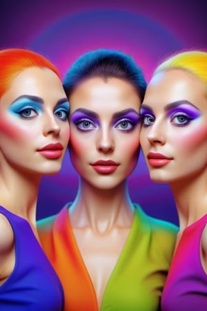 Best picture quality, high resolution, 16k, realistic, sharp focus, extreme picture quality, detailed face + eyes, casual pose, elegant, casual facial expression, realistic image of an elegant lady, no hair accessories, dark eyes , fractal art, bright colors, three alien drag queens looking for a date on earthl