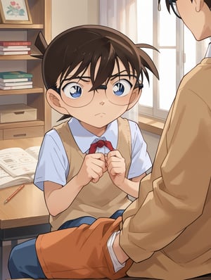 score_9, score_8_up, score_7_up,source_anime,BREAKindoors, 1 boy,conan edogawa, brown hair, blue eyes, glasses, 