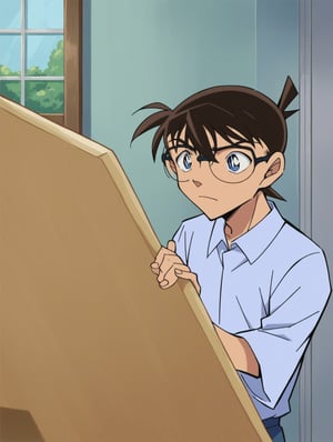 score_9, score_8_up, score_7_up,source_anime,BREAKindoors, 1 boy,conan edogawa, brown hair, blue eyes, glasses, 