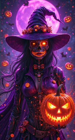 a beautiful detailed cyborg girl, halloween jack-o-lantern fusion, solo, witch, pumpkin shield, jack-o-lantern design, halloween elements, seamless blend, candy elements, pumpkin elements, purple&orange&black color scheme, halloween decorations, transparent purple overlay, iconic halloween, ARW, best quality, 8k, highres, masterpiece, ultra-detailed, realistic, photorealistic, HDR, UHD, vivid colors, professional, concept art