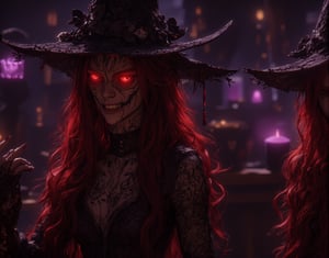 3/4 Long shot of a realistic vampire witch, pale skin, long bright red hair and glowing red eyes. She wears a black satin witch costume with lace details, giving it a gothic and dark feel, and a wide-brimmed witch hat. The background is a dark room with dim light from a soft purple candle, casting soft shadows on her face. Her pose is quite mischievous, revealing sharp fangs and an intense gaze. Hyper-realistic textures in the hair, skin and clothing. 8K UHD footage of a hyper-realistic Halloween costume, vampires and witches, full moon festival, Halloween. Close-up shots, focusing on the intricate details of the costume. Natural light, dynamic composition, capturing both a festive and spooky scene. The realistic environment combines elements of autumn, the supernatural and cultural. hkmagic halloween_witch