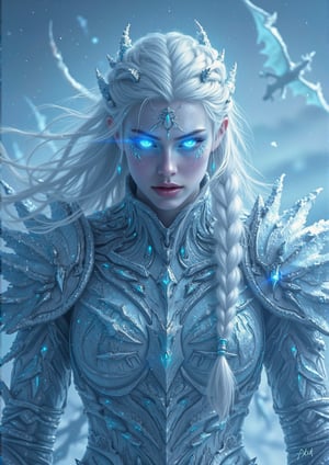 A hyper-realistic portrait of the Ice Dragon Queen, her skin pale with a hint of frost, and her sharp, angular features exuding power and authority. Her eyes are a glowing white-blue, full of ancient wisdom and icy fury. Her long white hair is intricately braided, with shards of ice embedded within the strands. She wears a battle-worn, metallic ice armor adorned with dragon-scale patterns and spikes of frozen crystal. Her expression is fierce and commanding, as if she is ready to summon a storm. The background is a frozen wasteland, with ice dragons soaring in the distant sky. Cold blue light reflects off the ice around her, creating a harsh, yet majestic atmosphere.
