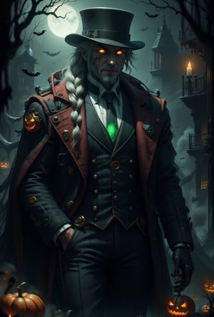 Jack the Ripper depicted in a Halloween style, semi-realistic digital art. He is dressed in an elegant dark suit with a tailored fit, featuring intricate details. His long silver hair flows gracefully beneath a stylish top hat. The character exudes an air of charm with a handsome face, highlighted by a single ornate monocle over one eye. In one hand, he holds a vintage hand-held watch, showcasing his affinity for time. His ensemble is completed with a lavish cloak draping over his shoulders and a dark red cape adorned with gold embellishments, creating an aura of mystery and allure against a foggy, moonlit backdrop.