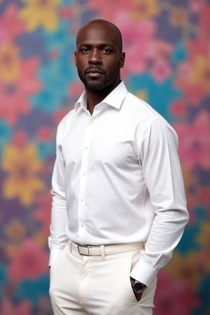 A black bald handsome man in white shirt and trousers pose for a picture. Very catchy and colorful background. Use my trained model 100 percent 